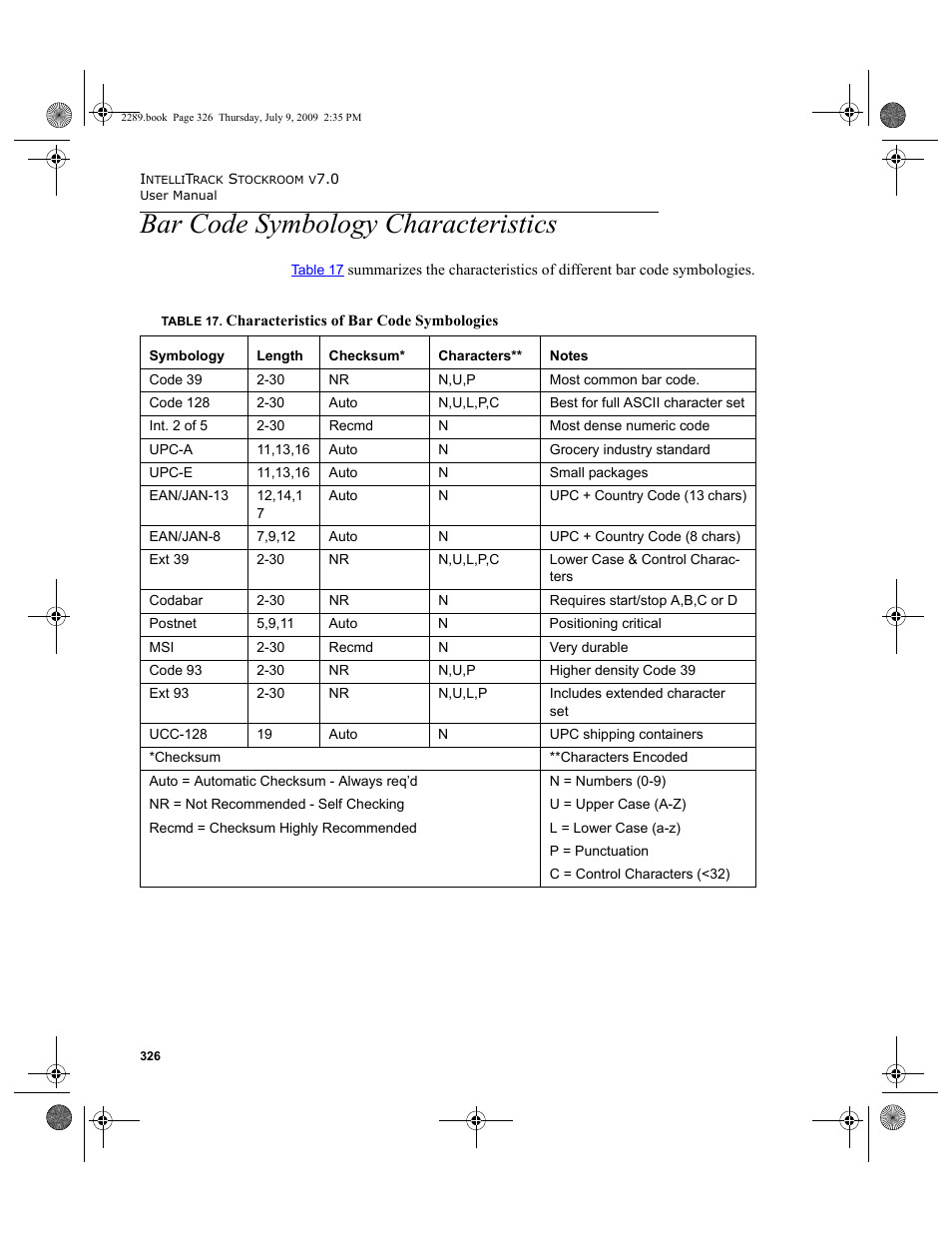 Bar code symbology characteristics | IntelliTrack Stockroom Inventory User Manual | Page 354 / 380