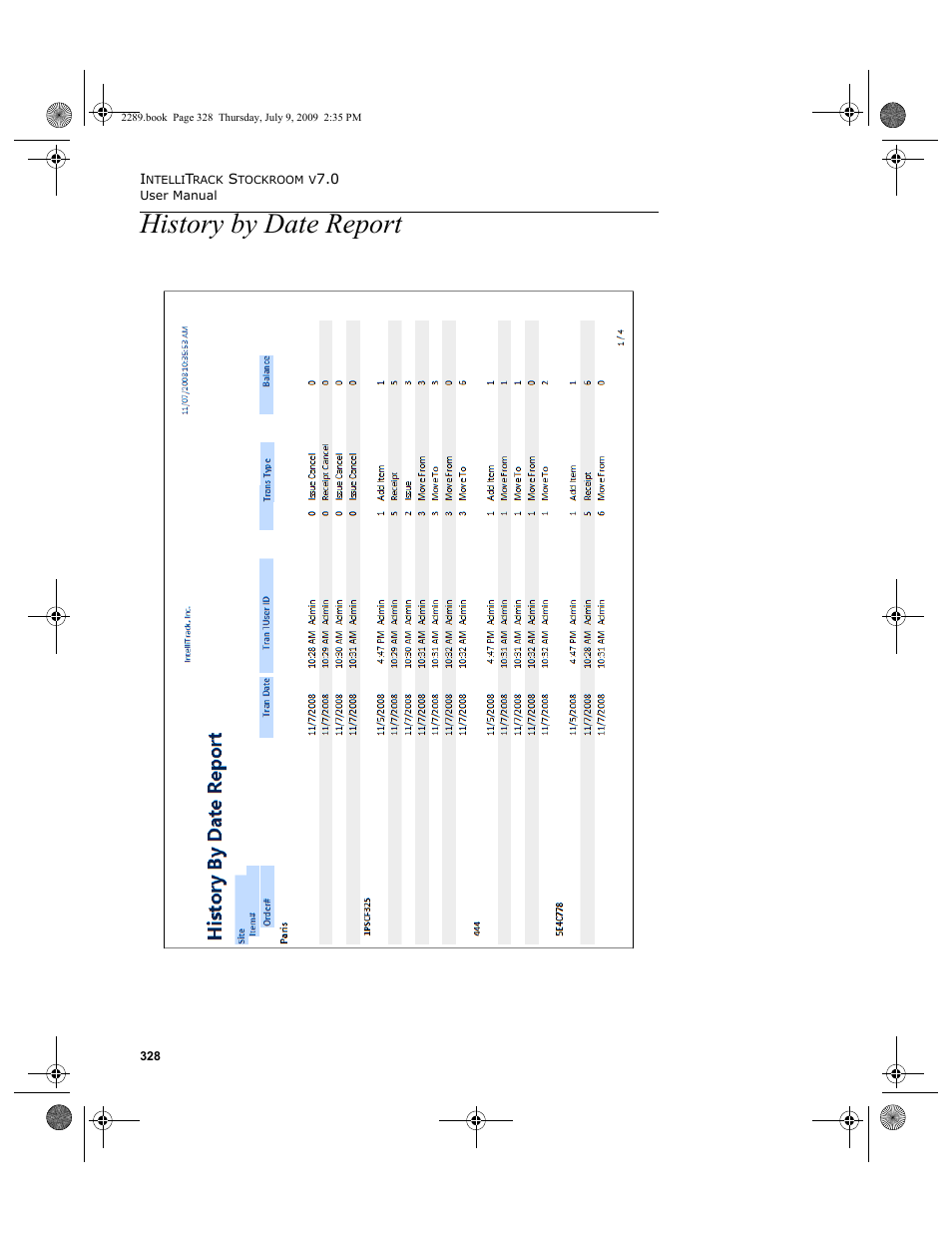 History by date report, History by date report 328 | IntelliTrack Stockroom Inventory User Manual | Page 356 / 380