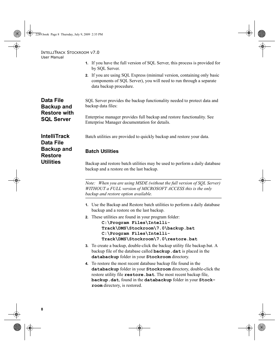 Data file backup and restore with sql server, Batch utilities, Data file backup and restore with sql server 8 | IntelliTrack Stockroom Inventory User Manual | Page 36 / 380