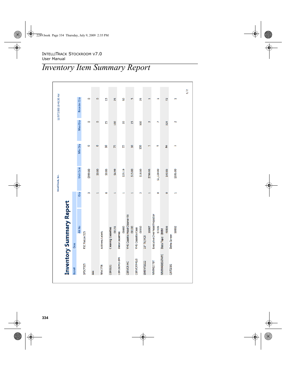 Inventory item summary report, Inventory item summary report 334 | IntelliTrack Stockroom Inventory User Manual | Page 362 / 380