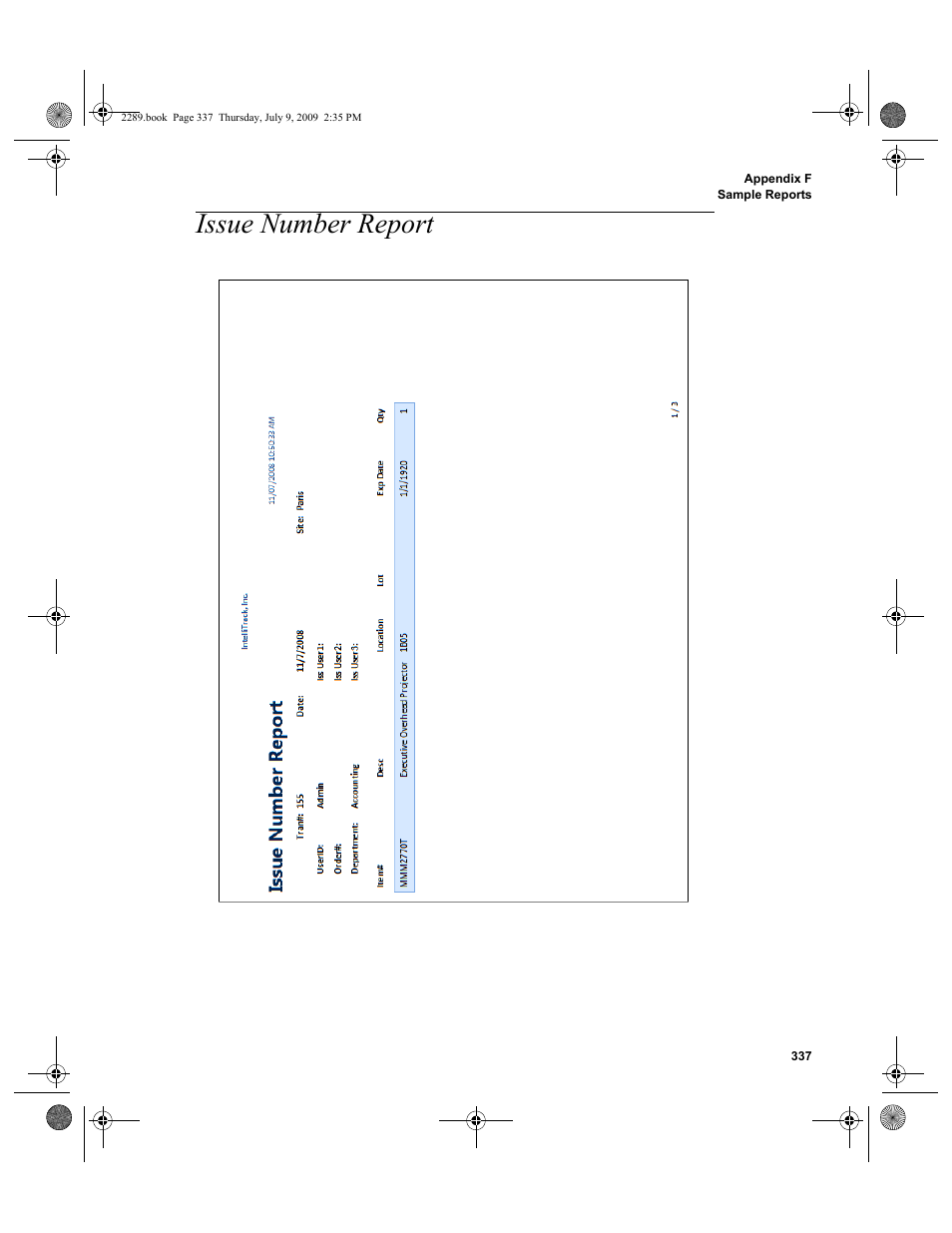 Issue number report, Issue number report 337 | IntelliTrack Stockroom Inventory User Manual | Page 365 / 380