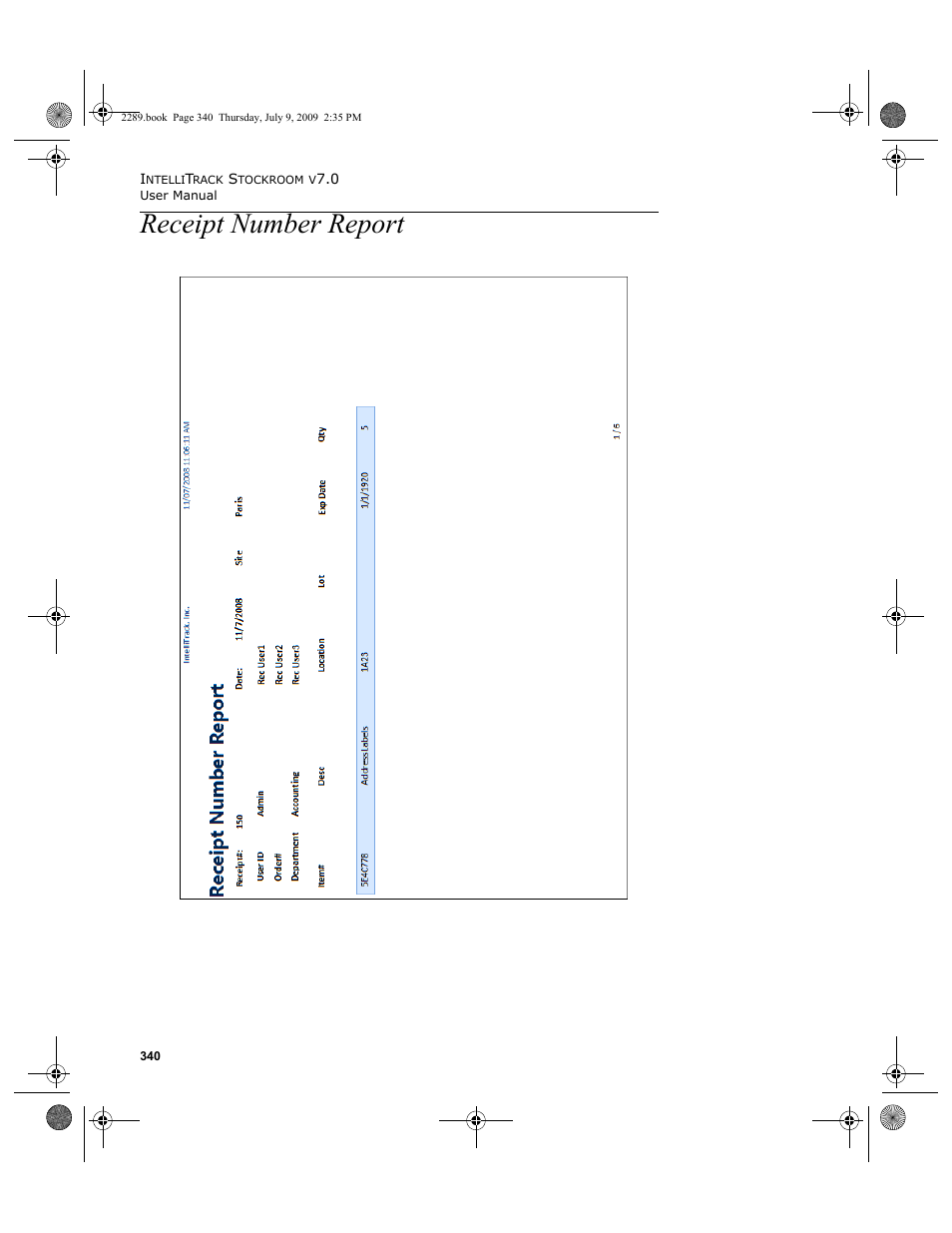 Receipt number report, Receipt number report 340 | IntelliTrack Stockroom Inventory User Manual | Page 368 / 380