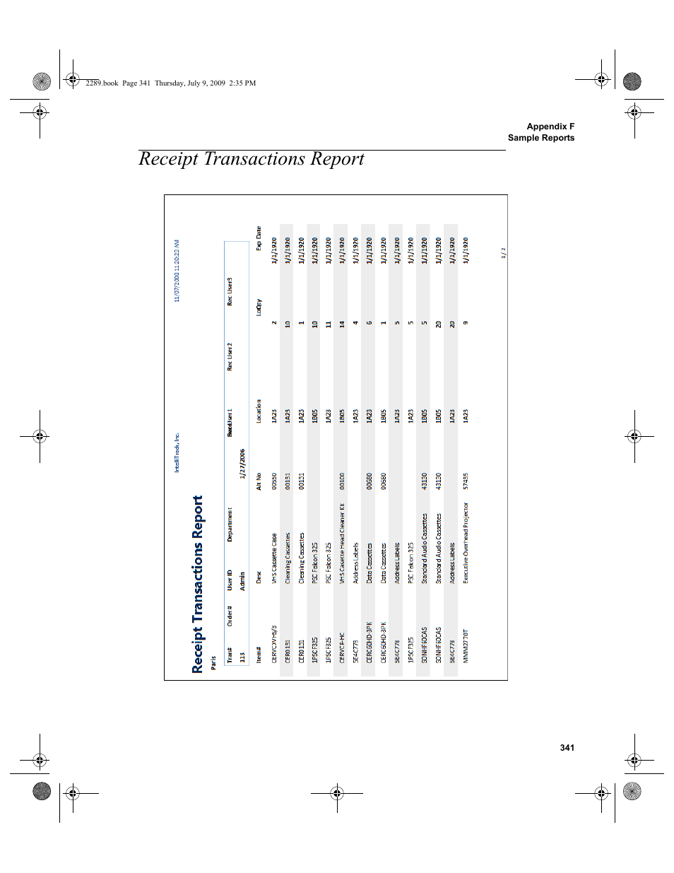 Receipt transactions report, Receipt transactions report 341 | IntelliTrack Stockroom Inventory User Manual | Page 369 / 380
