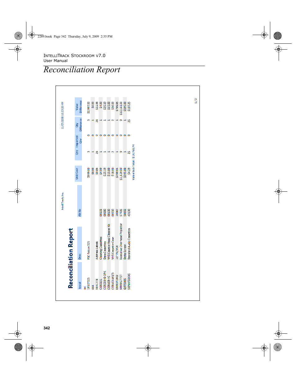 Reconciliation report, Reconciliation report 342 | IntelliTrack Stockroom Inventory User Manual | Page 370 / 380