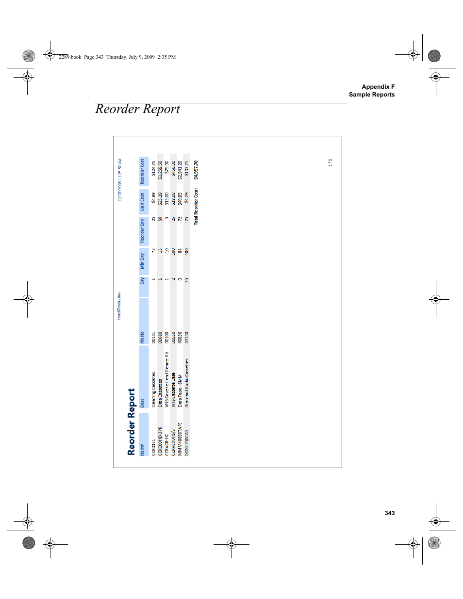 Reorder report, Reorder report 343 | IntelliTrack Stockroom Inventory User Manual | Page 371 / 380