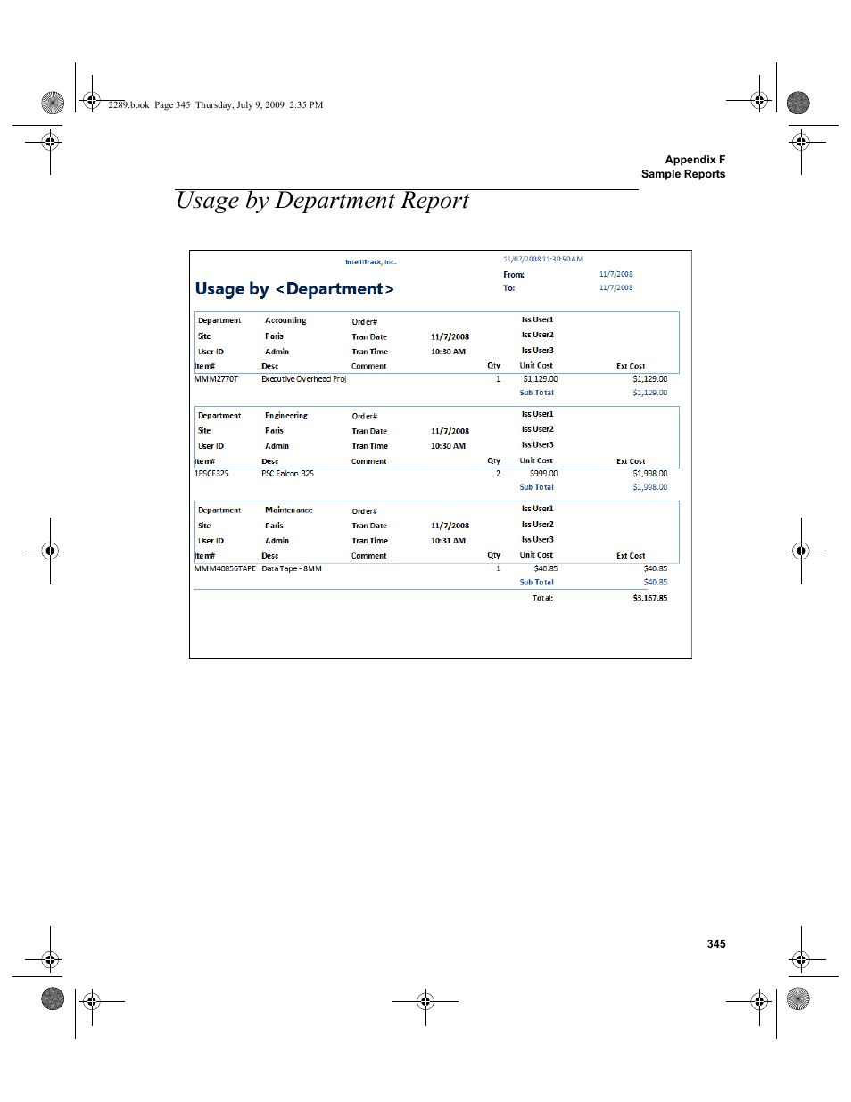 Usage by department report, Usage by department report 345 | IntelliTrack Stockroom Inventory User Manual | Page 373 / 380