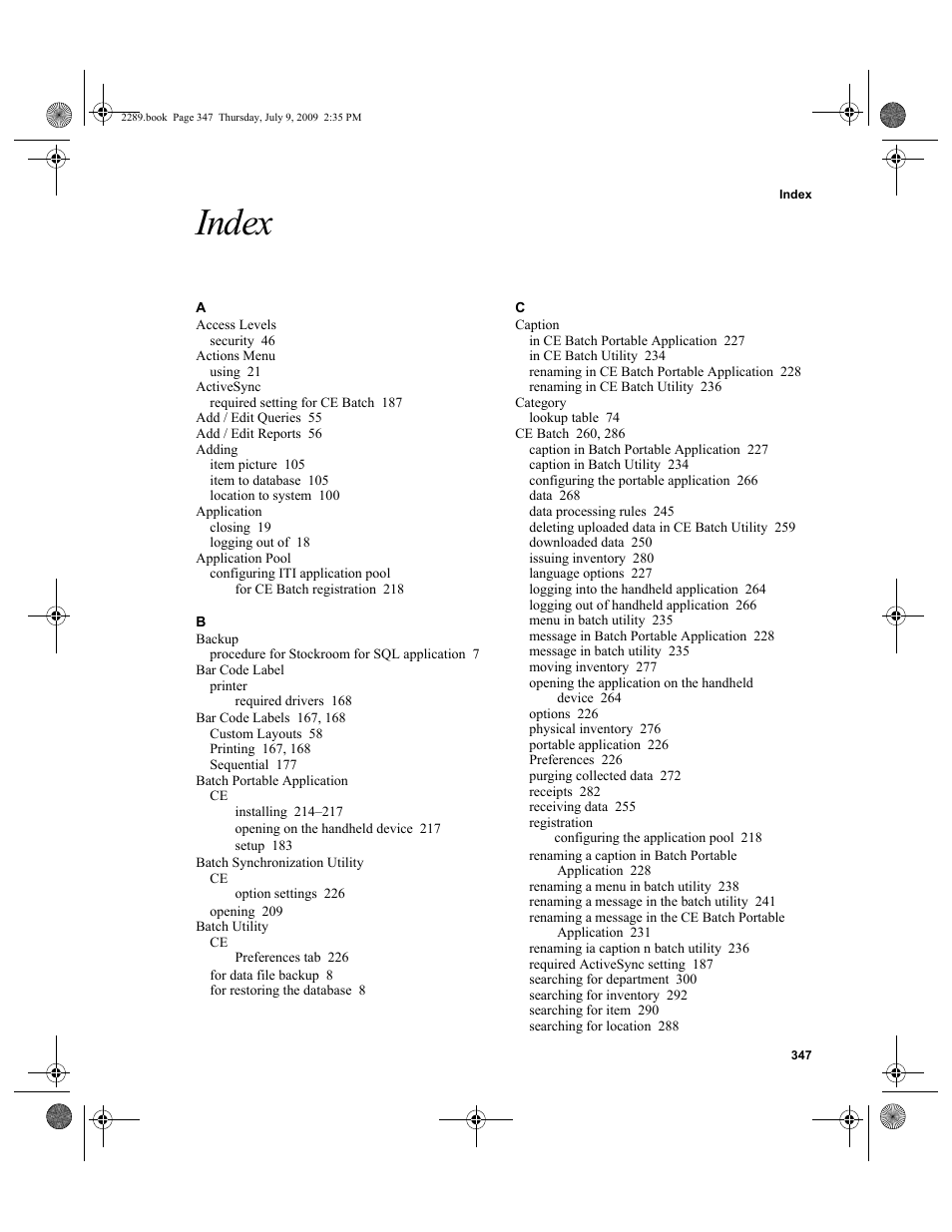 Index | IntelliTrack Stockroom Inventory User Manual | Page 375 / 380