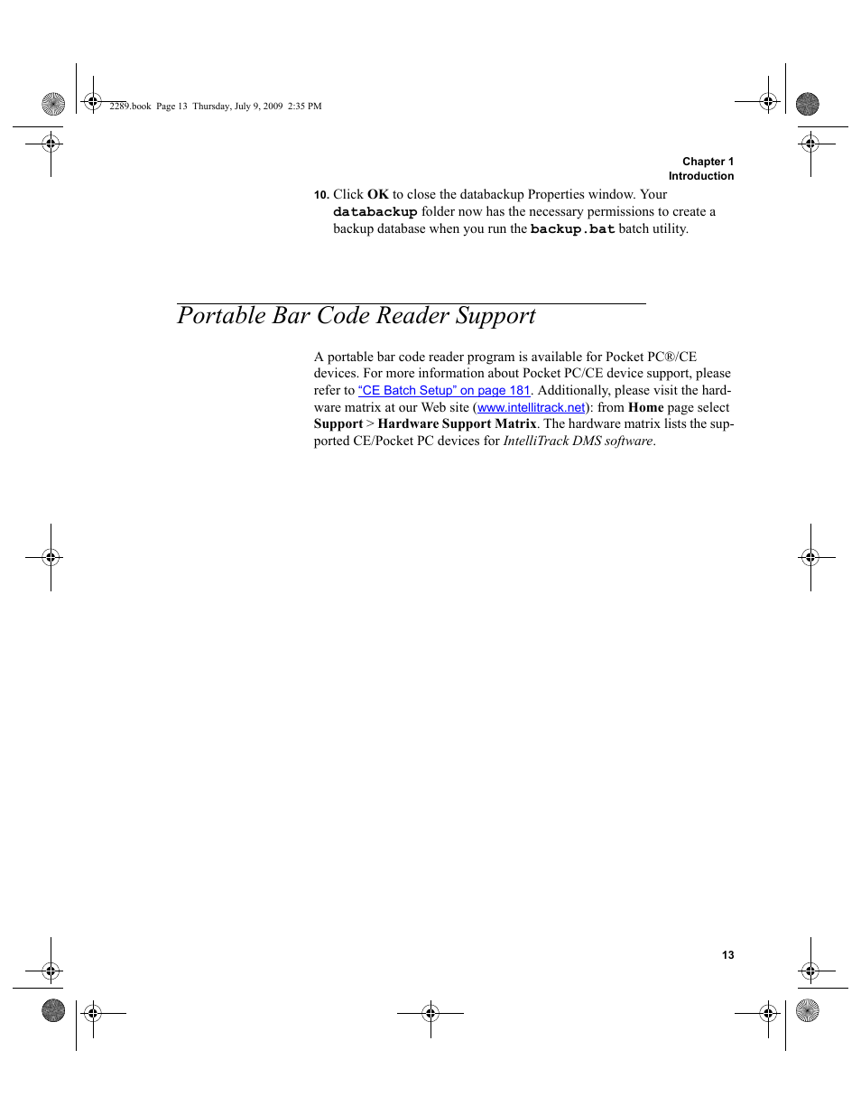 Portable bar code reader support, Portable bar code reader support 13 | IntelliTrack Stockroom Inventory User Manual | Page 41 / 380