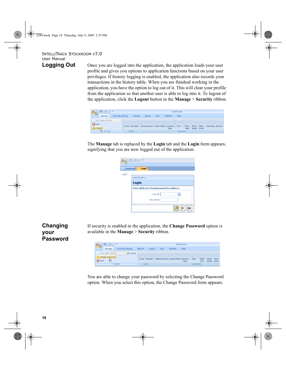 Logging out, Changing your password, Logging out changing your password | Logging out 18, Changing your password 18 | IntelliTrack Stockroom Inventory User Manual | Page 46 / 380