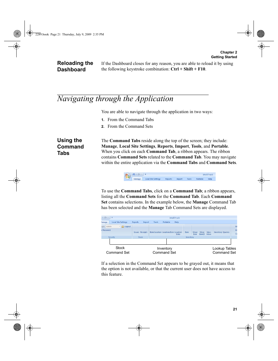 Reloading the dashboard, Navigating through the application, Using the command tabs | Reloading the dashboard 21, Navigating through the application 21, Using the command tabs 21 | IntelliTrack Stockroom Inventory User Manual | Page 49 / 380