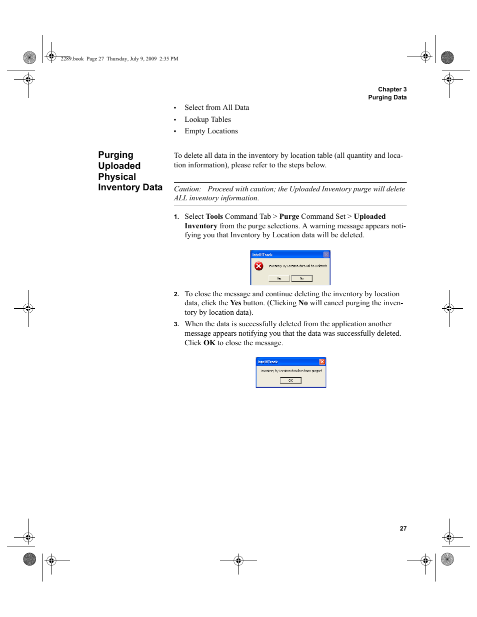 Purging uploaded physical inventory data, Purging uploaded physical inventory data 27 | IntelliTrack Stockroom Inventory User Manual | Page 55 / 380