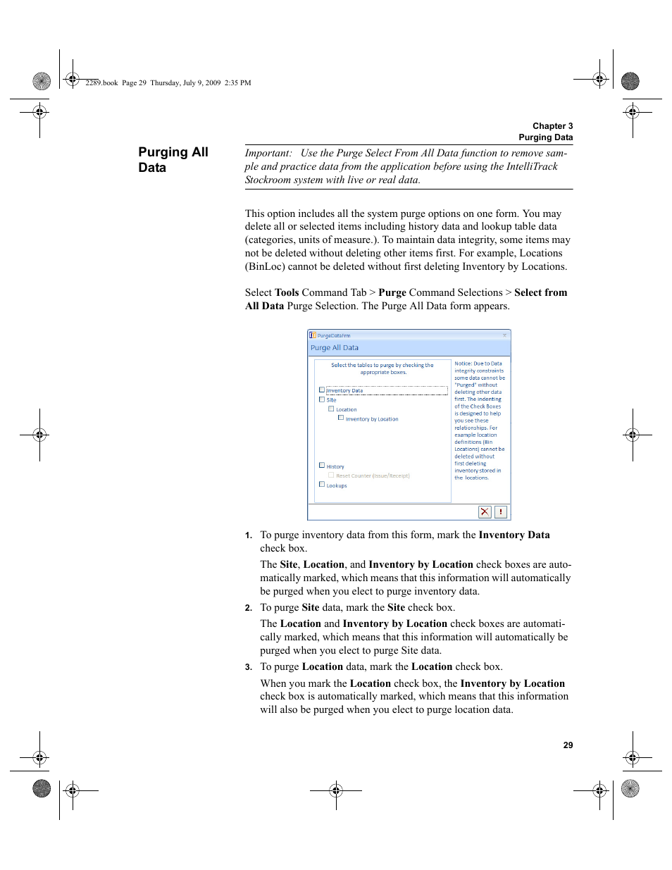 Purging all data, Purging all data 29 | IntelliTrack Stockroom Inventory User Manual | Page 57 / 380
