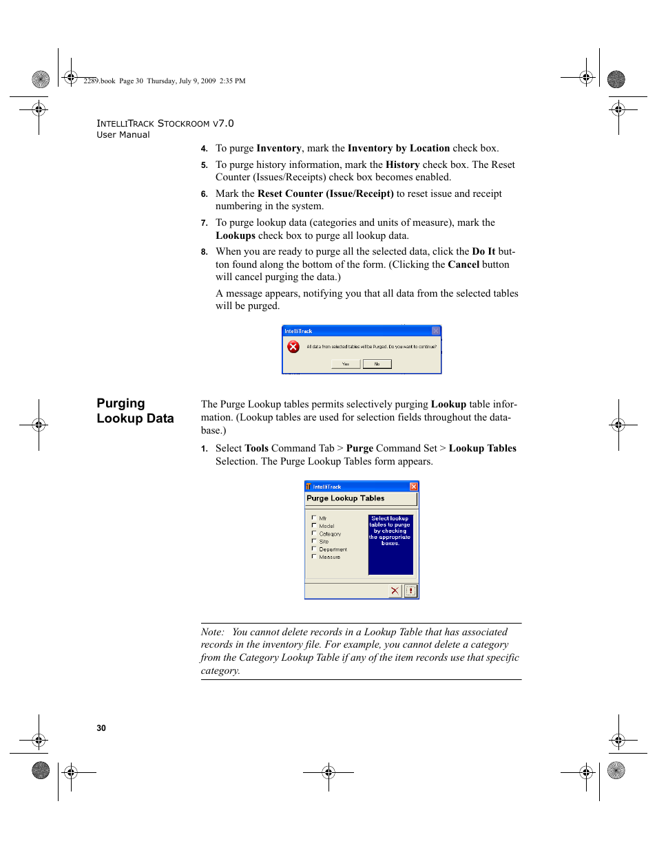 Purging lookup data, Purging lookup data 30 | IntelliTrack Stockroom Inventory User Manual | Page 58 / 380