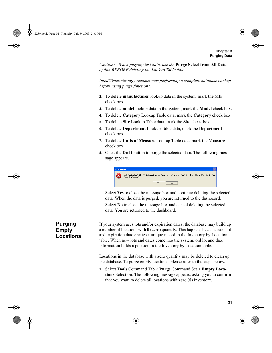 Purging empty locations, Purging empty locations 31 | IntelliTrack Stockroom Inventory User Manual | Page 59 / 380