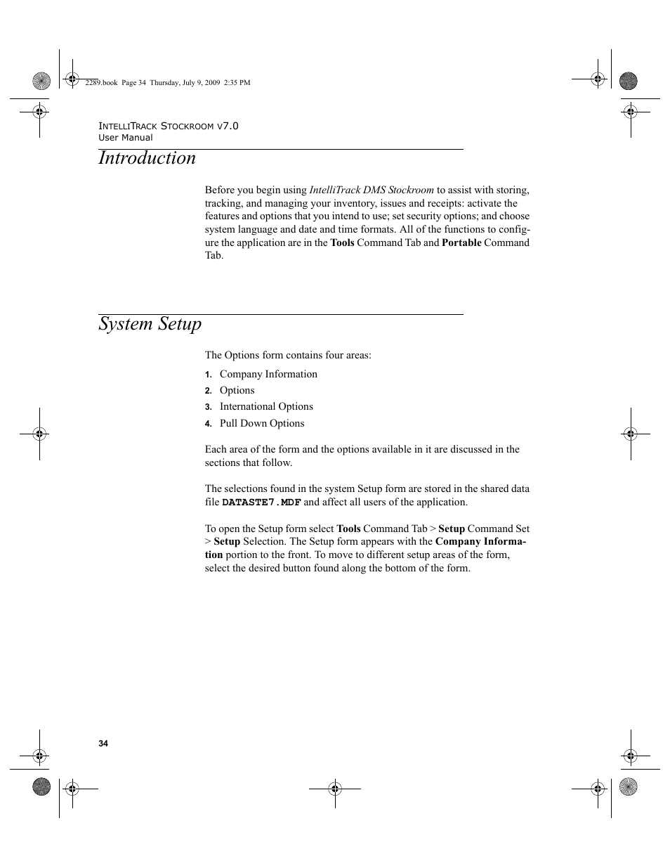 Introduction, System setup, Introduction 34 | System setup 34 | IntelliTrack Stockroom Inventory User Manual | Page 62 / 380