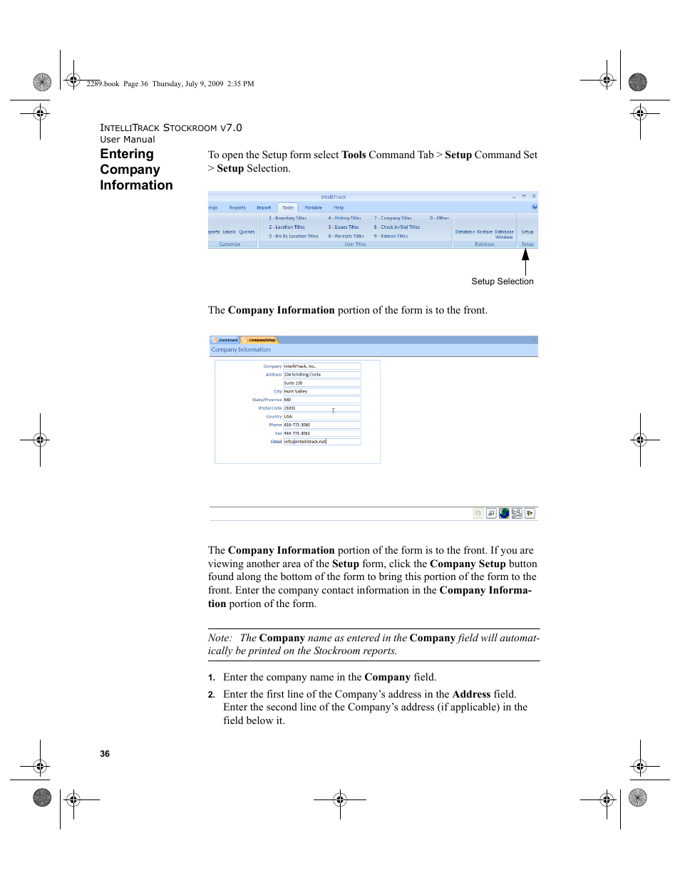 Entering company information, Entering company information 36 | IntelliTrack Stockroom Inventory User Manual | Page 64 / 380