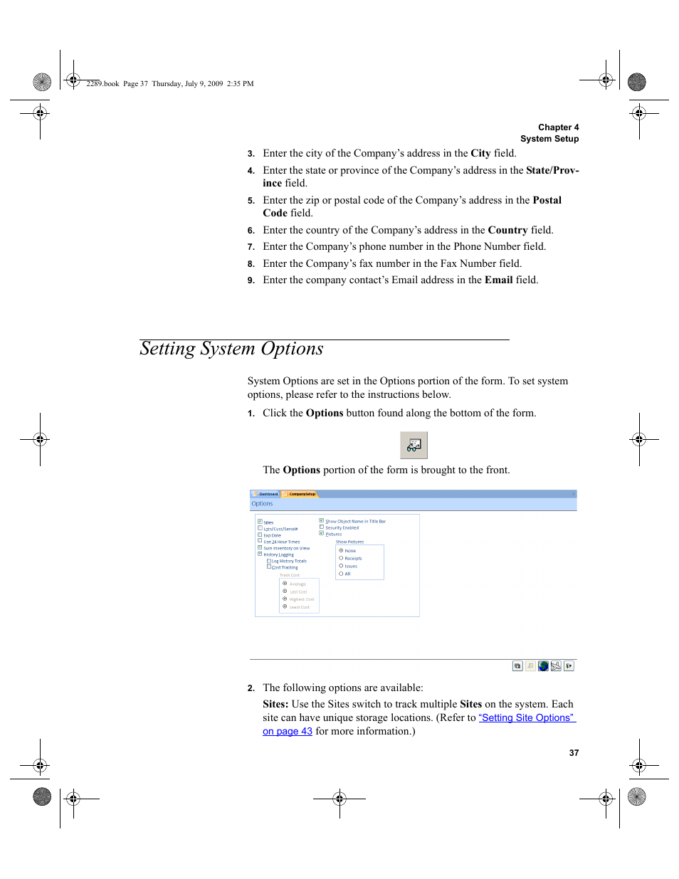 Setting system options, Setting system options 37 | IntelliTrack Stockroom Inventory User Manual | Page 65 / 380