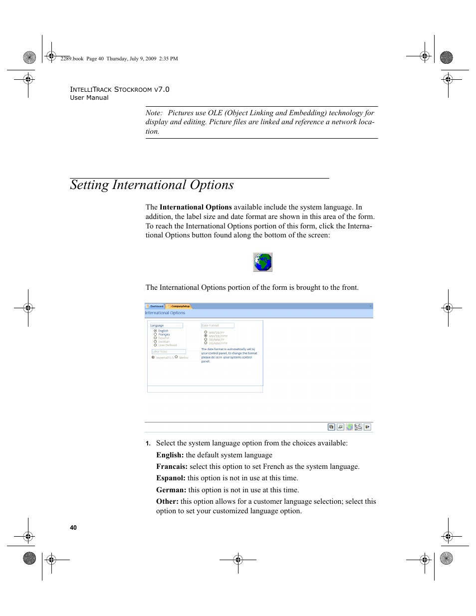Setting international options, Setting international options 40 | IntelliTrack Stockroom Inventory User Manual | Page 68 / 380