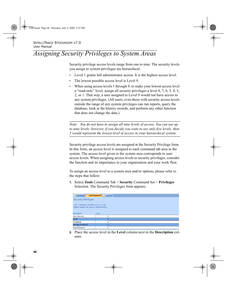 Assigning security privileges to system areas, Assigning security privileges to system areas 46 | IntelliTrack Stockroom Inventory User Manual | Page 74 / 380