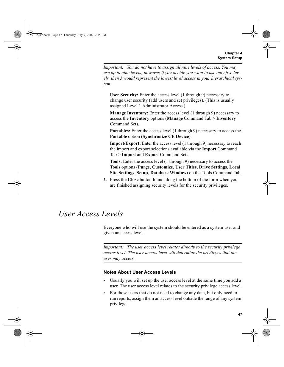 User access levels, User access levels 47, User | IntelliTrack Stockroom Inventory User Manual | Page 75 / 380