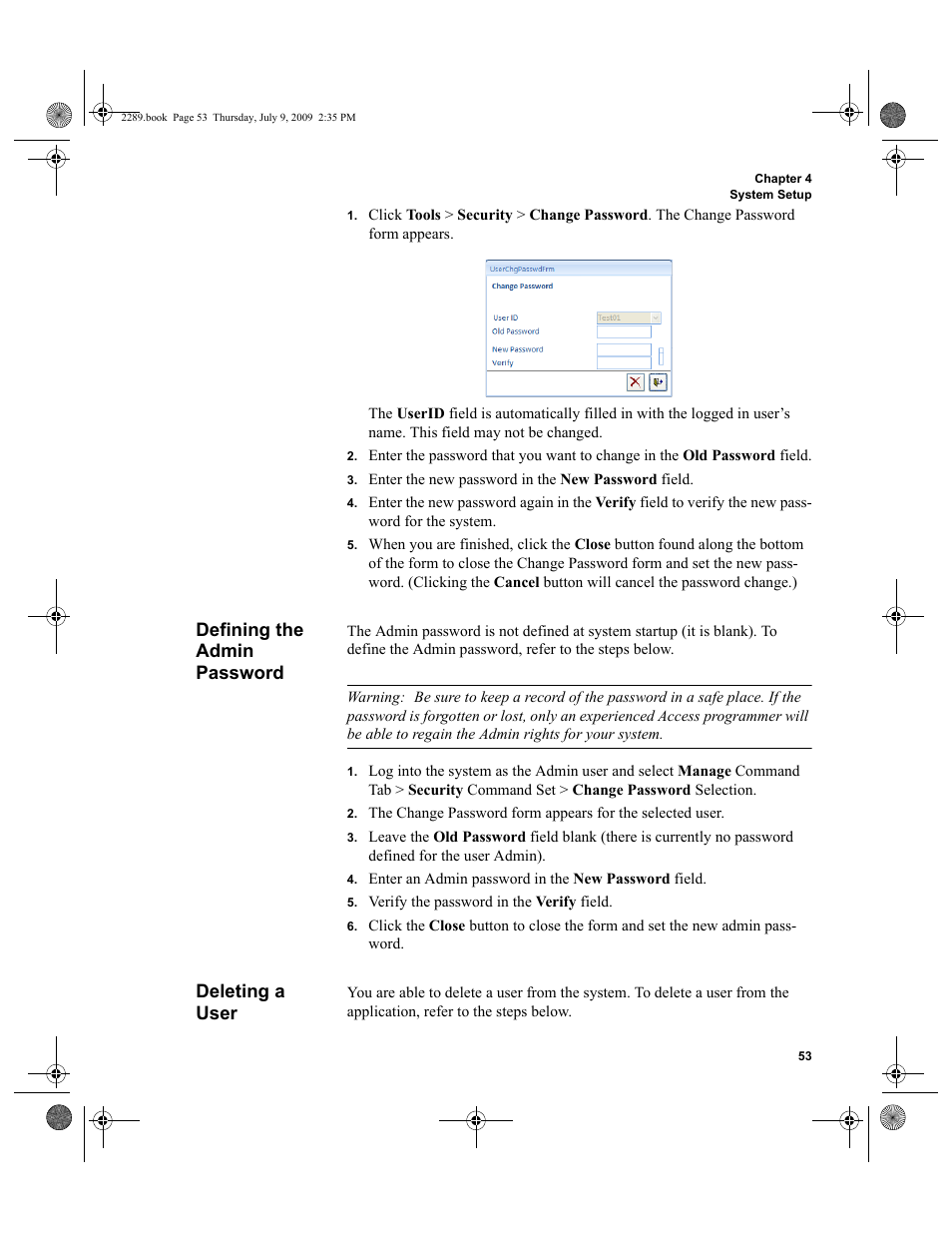 Defining the admin password, Deleting a user, Defining the admin password deleting a user | Defining the admin password 53, Deleting a user 53 | IntelliTrack Stockroom Inventory User Manual | Page 81 / 380