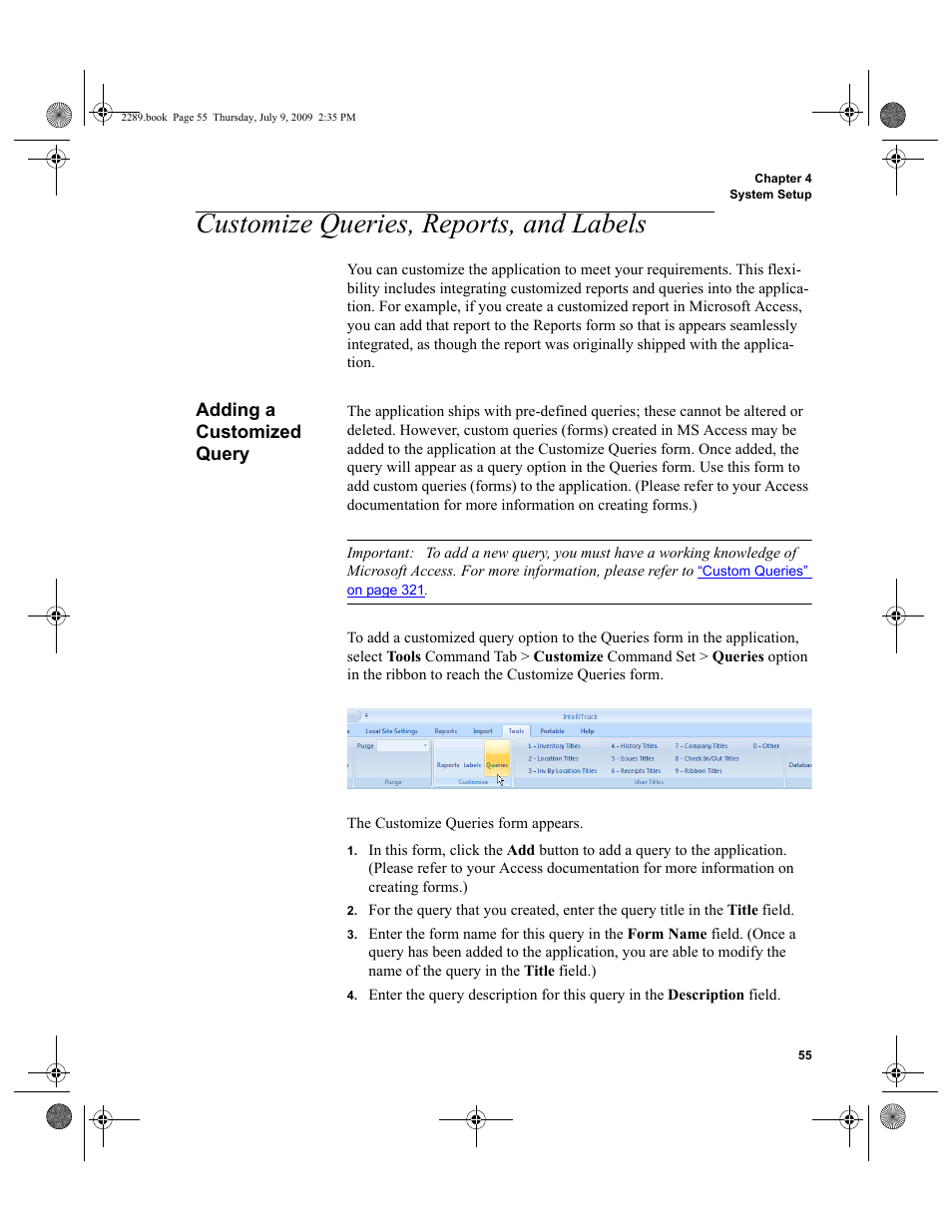 Customize queries, reports, and labels, Adding a customized query, Customize queries, reports, and labels 55 | Adding a customized query 55 | IntelliTrack Stockroom Inventory User Manual | Page 83 / 380