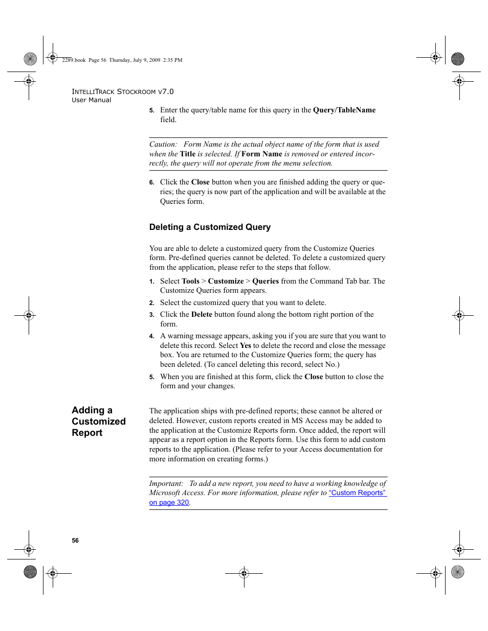 Adding a customized report, Deleting a customized query, Adding a customized report 56 | IntelliTrack Stockroom Inventory User Manual | Page 84 / 380