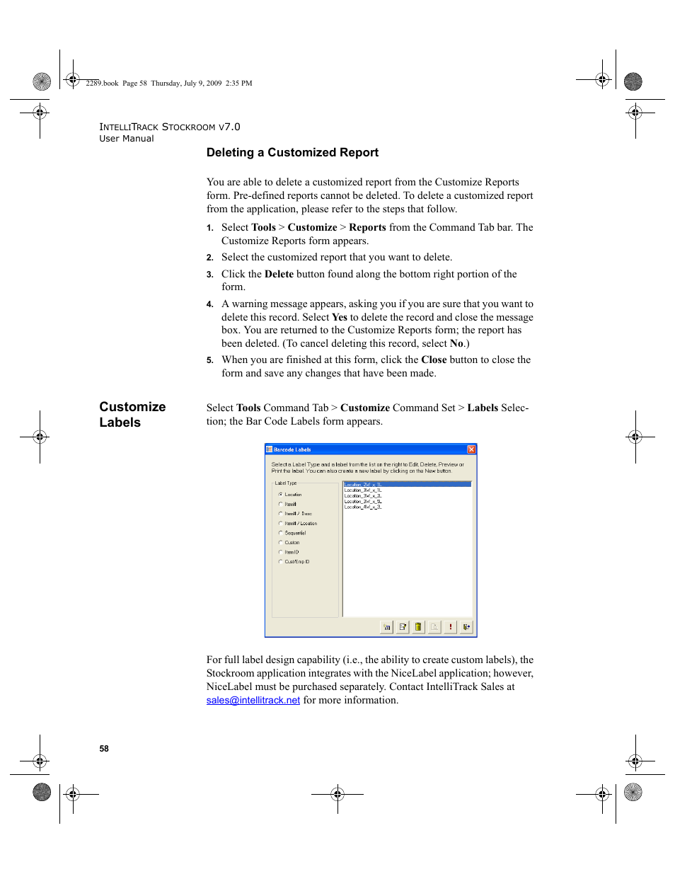 Customize labels, Deleting a customized report, Customize labels 58 | IntelliTrack Stockroom Inventory User Manual | Page 86 / 380