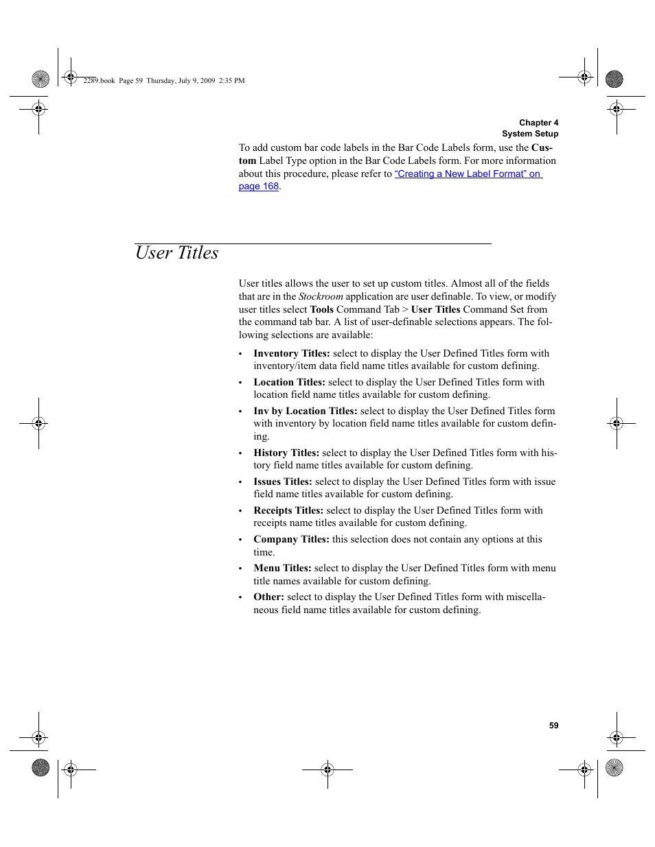 User titles, User titles 59 | IntelliTrack Stockroom Inventory User Manual | Page 87 / 380