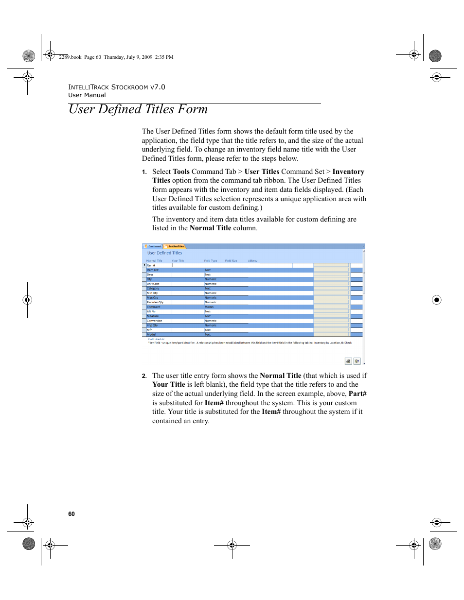 User defined titles form, User defined titles form 60 | IntelliTrack Stockroom Inventory User Manual | Page 88 / 380