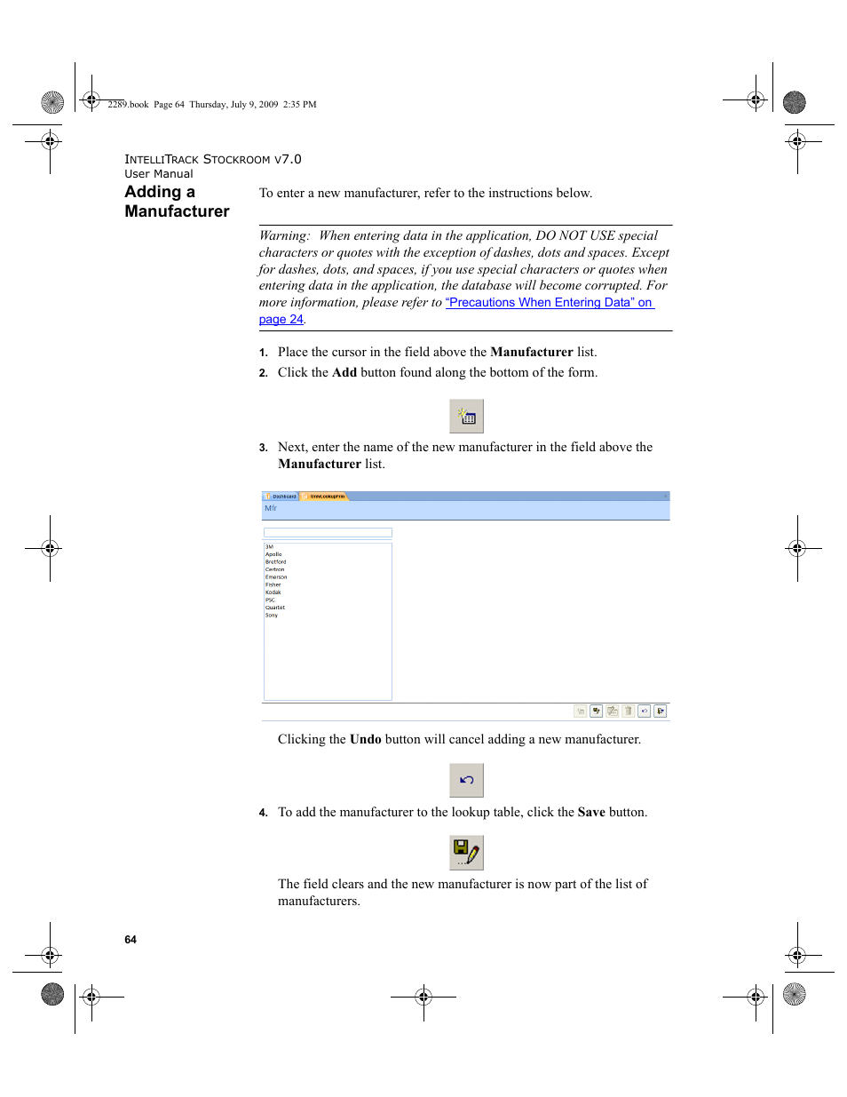 Adding a manufacturer, Adding a manufacturer 64 | IntelliTrack Stockroom Inventory User Manual | Page 92 / 380