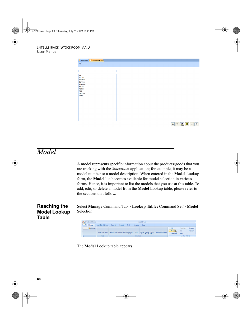 Model, Reaching the model lookup table, Model 68 | Reaching the model lookup table 68 | IntelliTrack Stockroom Inventory User Manual | Page 96 / 380