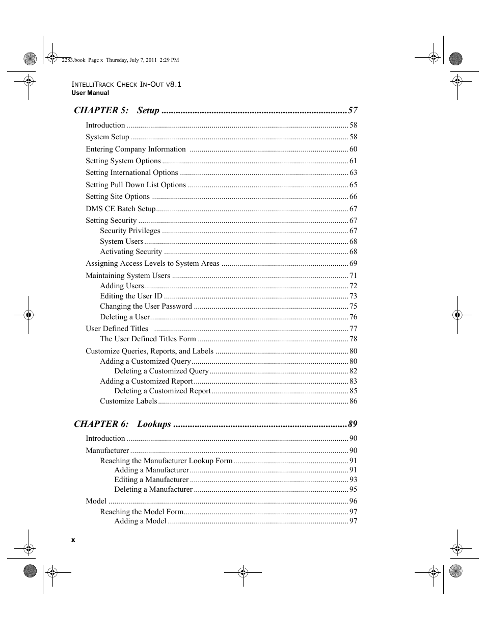 Chapter 5: setup, Chapter 6: lookups | IntelliTrack Check In/Out User Manual | Page 10 / 564