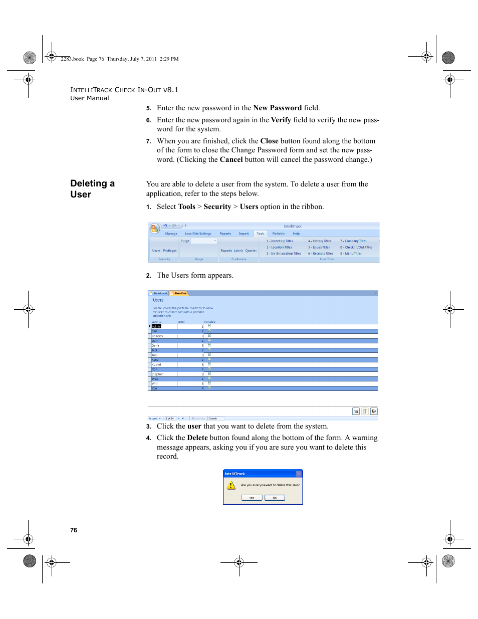 Deleting a user | IntelliTrack Check In/Out User Manual | Page 106 / 564