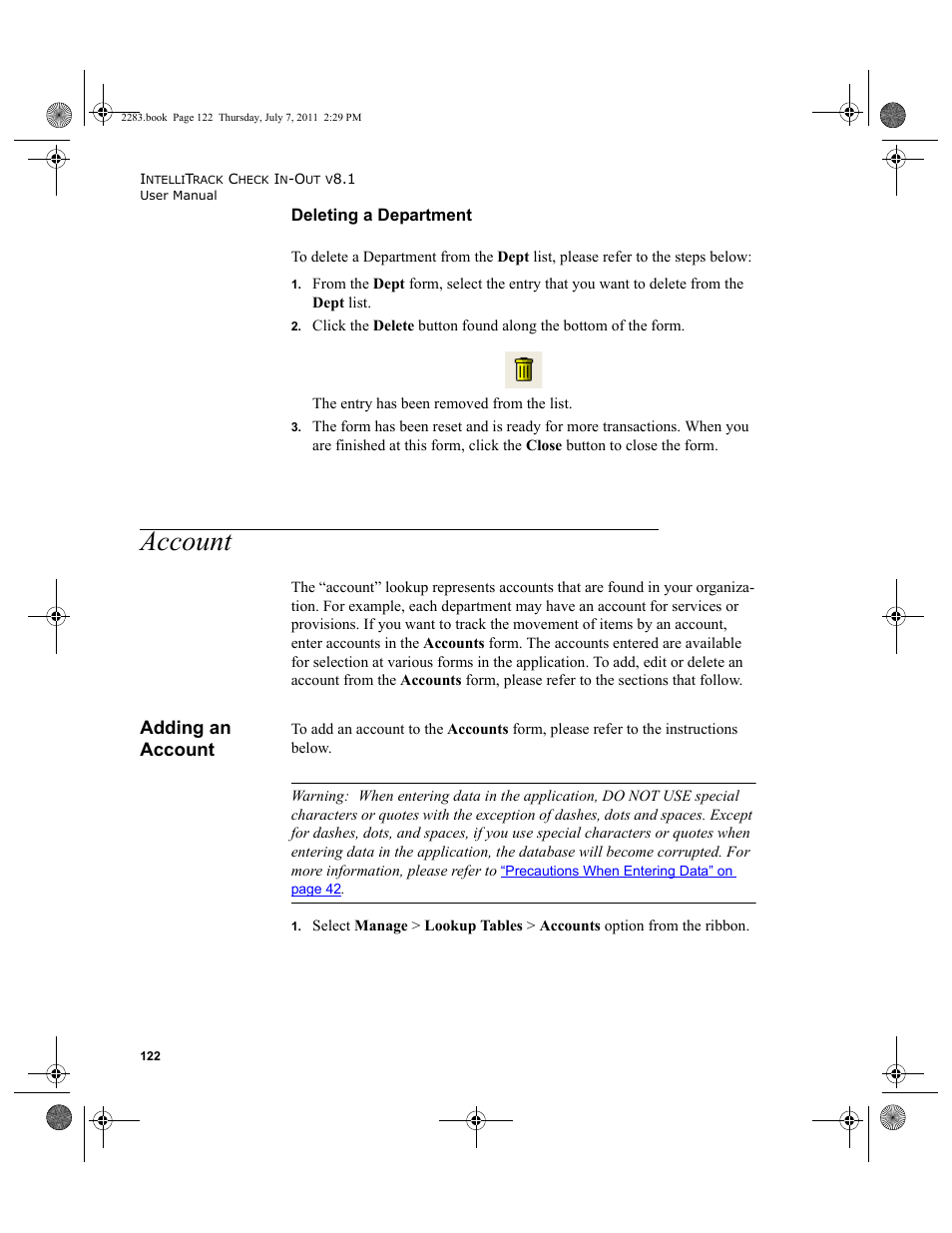 Account, Adding an account, Deleting a department | IntelliTrack Check In/Out User Manual | Page 152 / 564