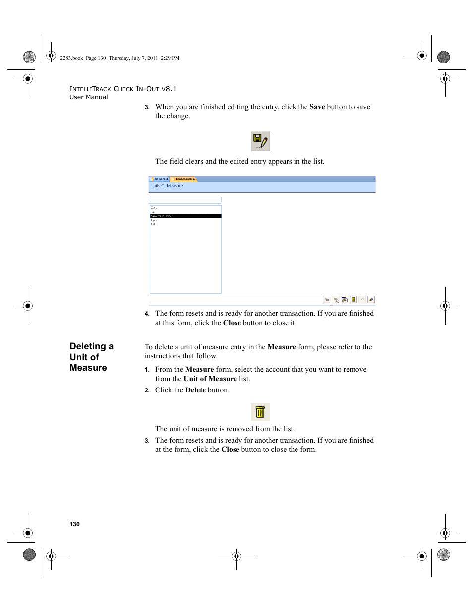 Deleting a unit of measure | IntelliTrack Check In/Out User Manual | Page 160 / 564