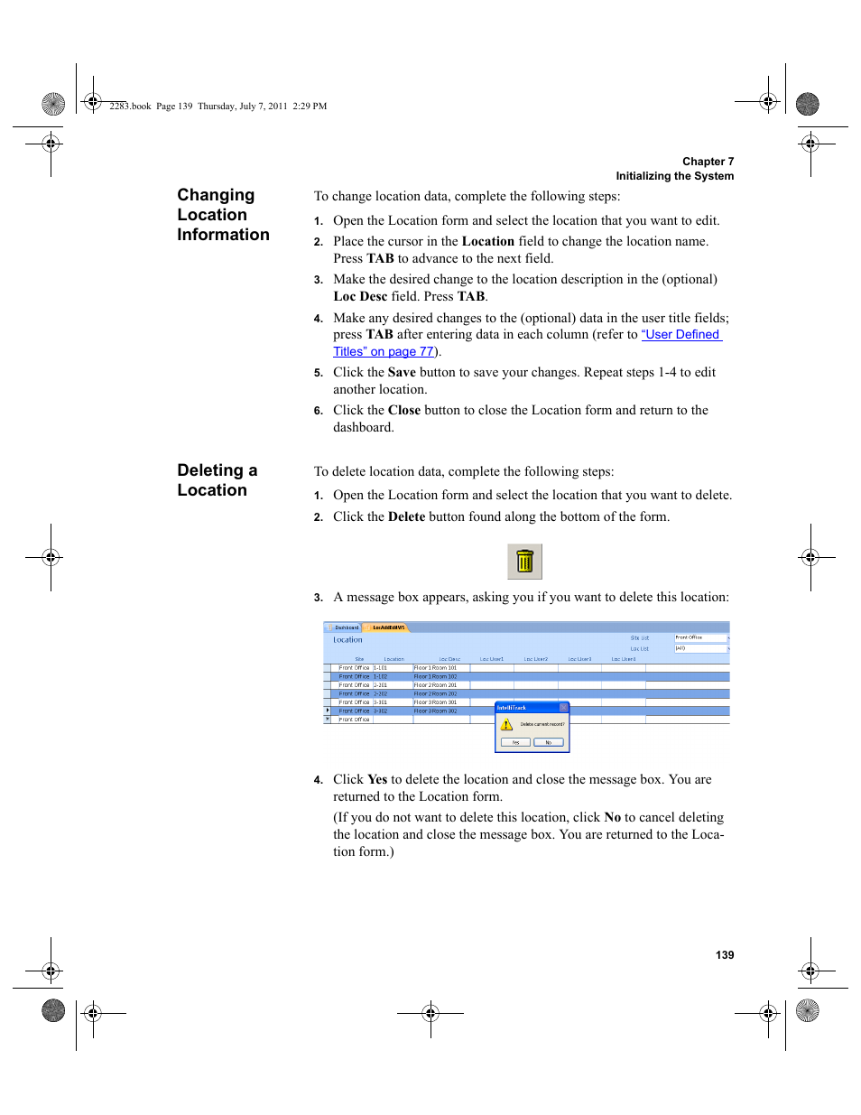 Changing location information, Deleting a location, Changing location information deleting a location | IntelliTrack Check In/Out User Manual | Page 169 / 564