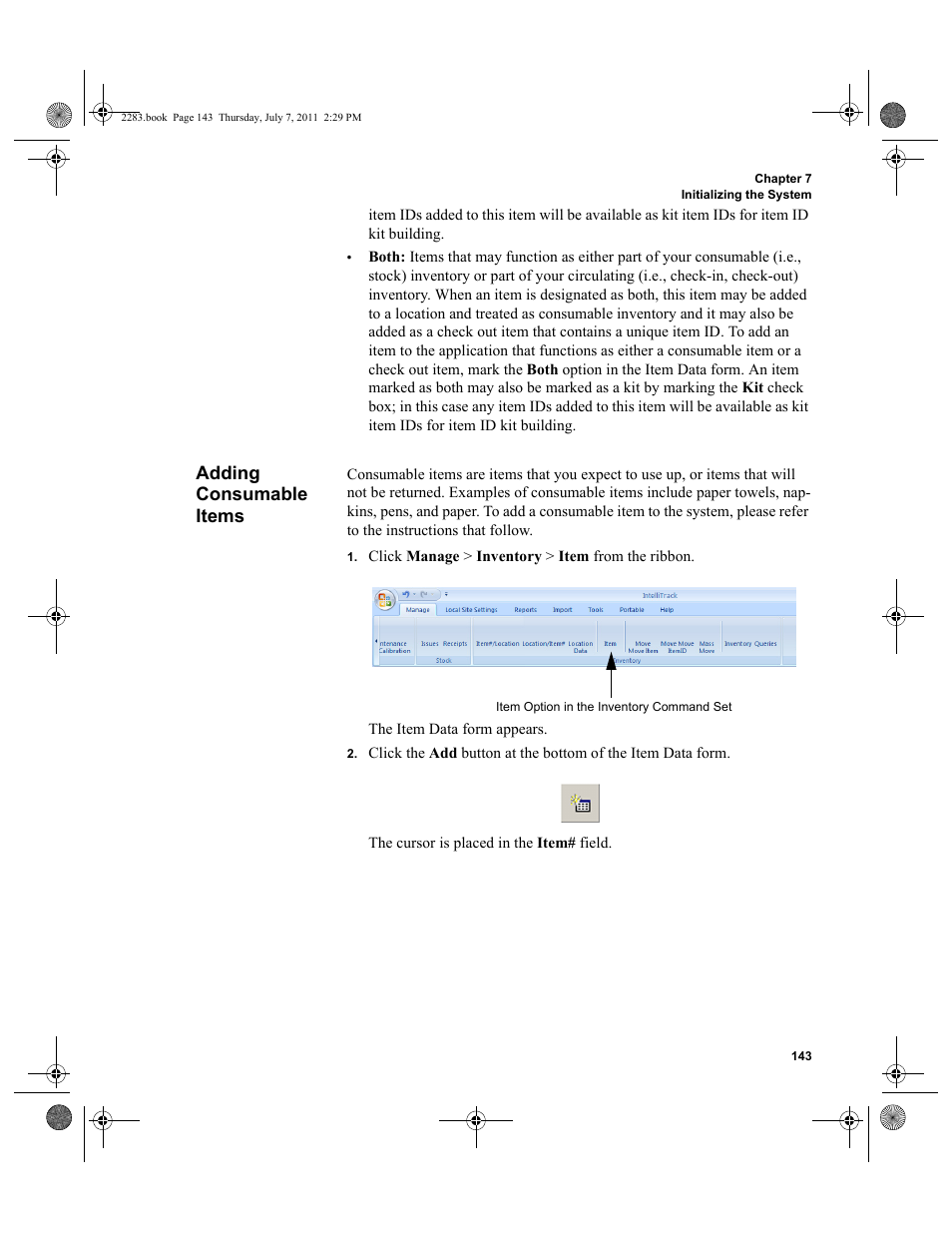 Adding consumable items | IntelliTrack Check In/Out User Manual | Page 173 / 564