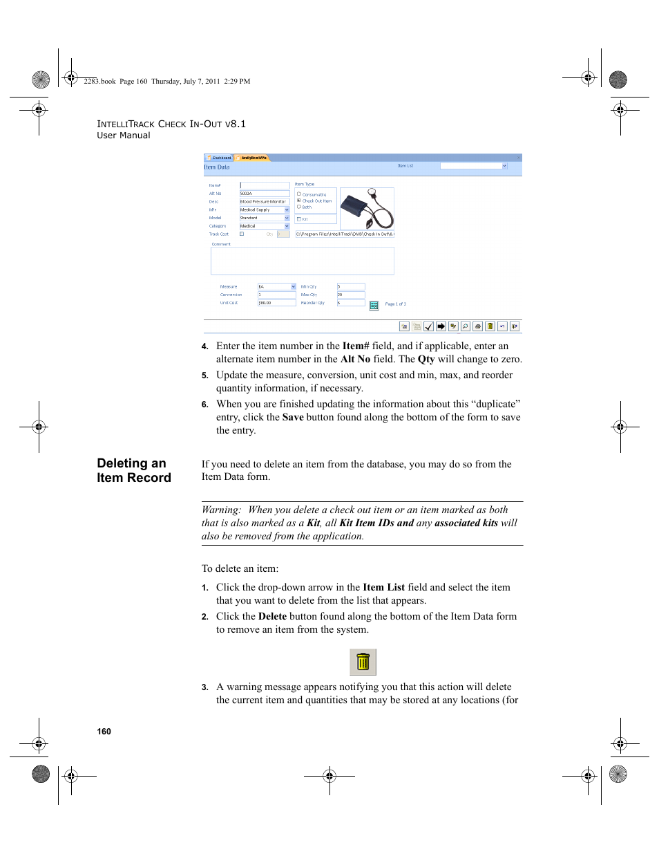 Deleting an item record, Deleting an item record” on | IntelliTrack Check In/Out User Manual | Page 190 / 564