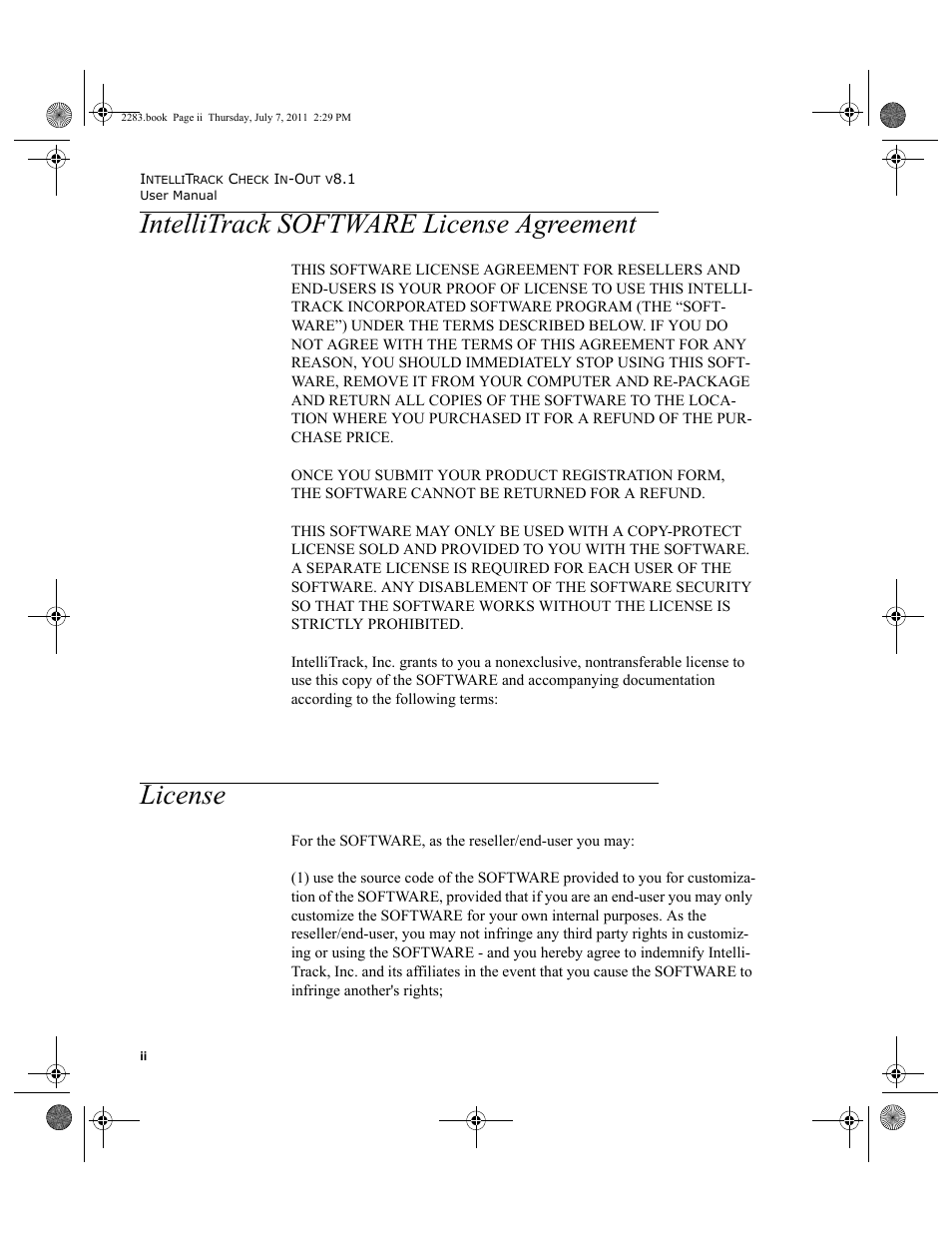 Intellitrack software license agreement, License | IntelliTrack Check In/Out User Manual | Page 2 / 564