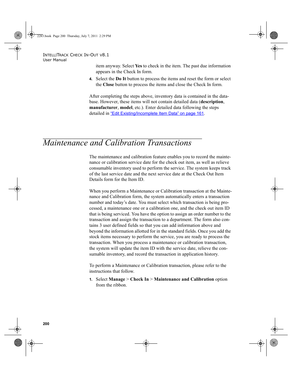 Maintenance and calibration transactions | IntelliTrack Check In/Out User Manual | Page 230 / 564