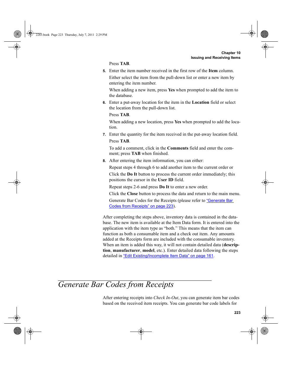 Generate bar codes from receipts | IntelliTrack Check In/Out User Manual | Page 253 / 564