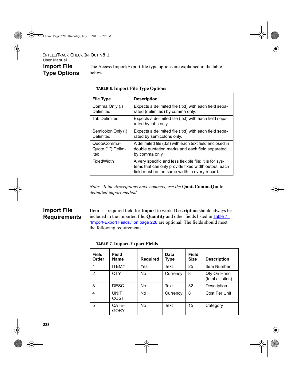 Import file type options, Import file requirements, Import file type options import file requirements | Import file type, Import file require | IntelliTrack Check In/Out User Manual | Page 258 / 564