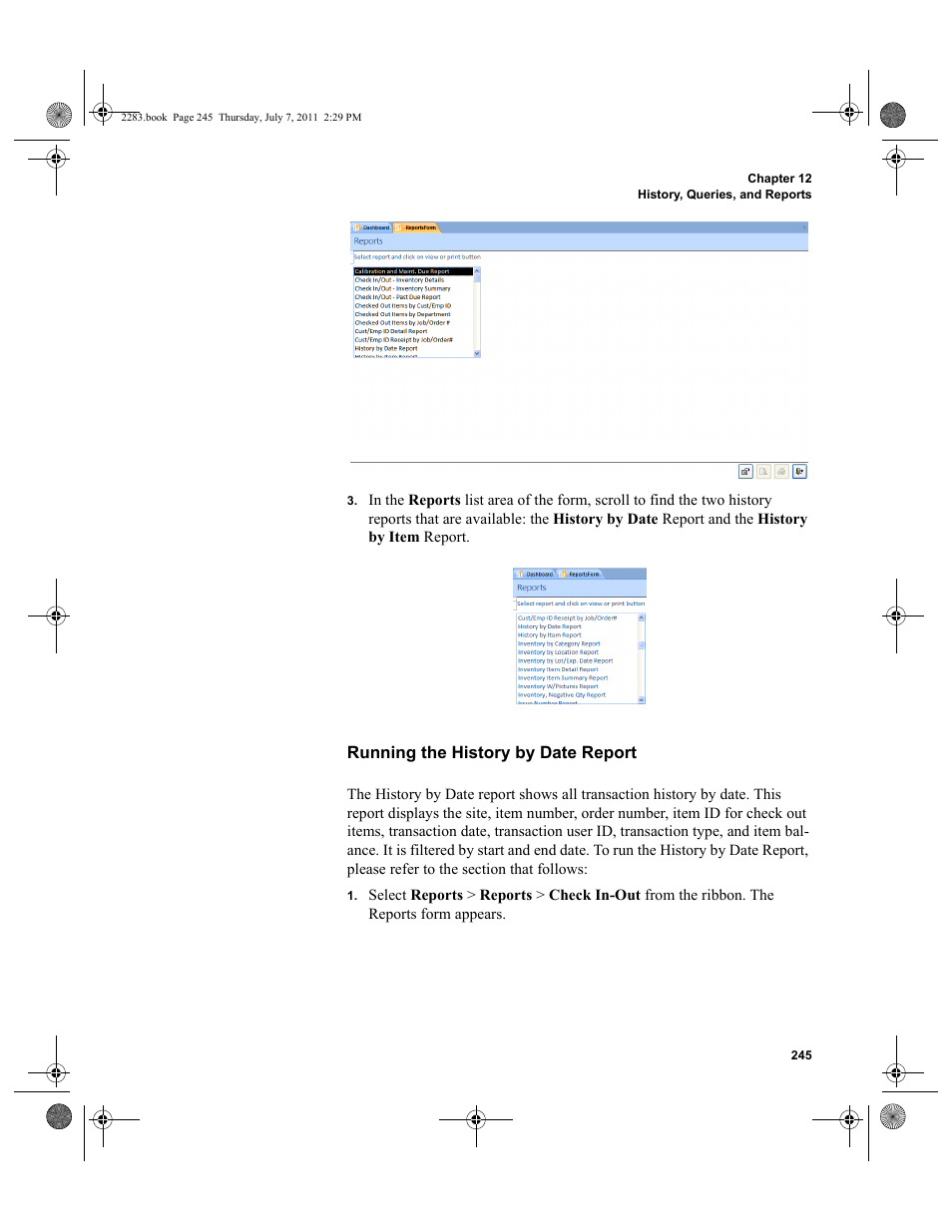 Running the history by date report | IntelliTrack Check In/Out User Manual | Page 275 / 564