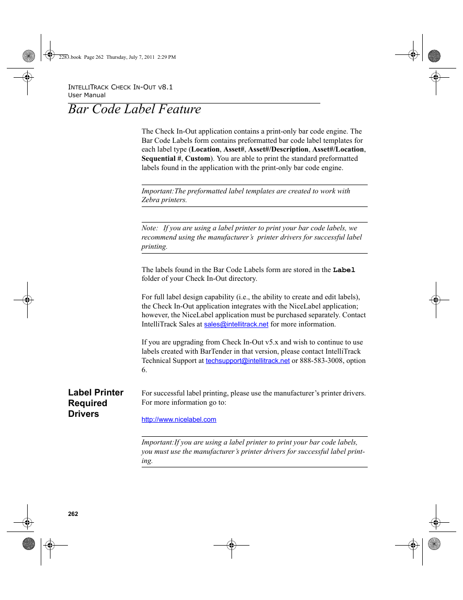 Bar code label feature, Label printer required drivers | IntelliTrack Check In/Out User Manual | Page 292 / 564