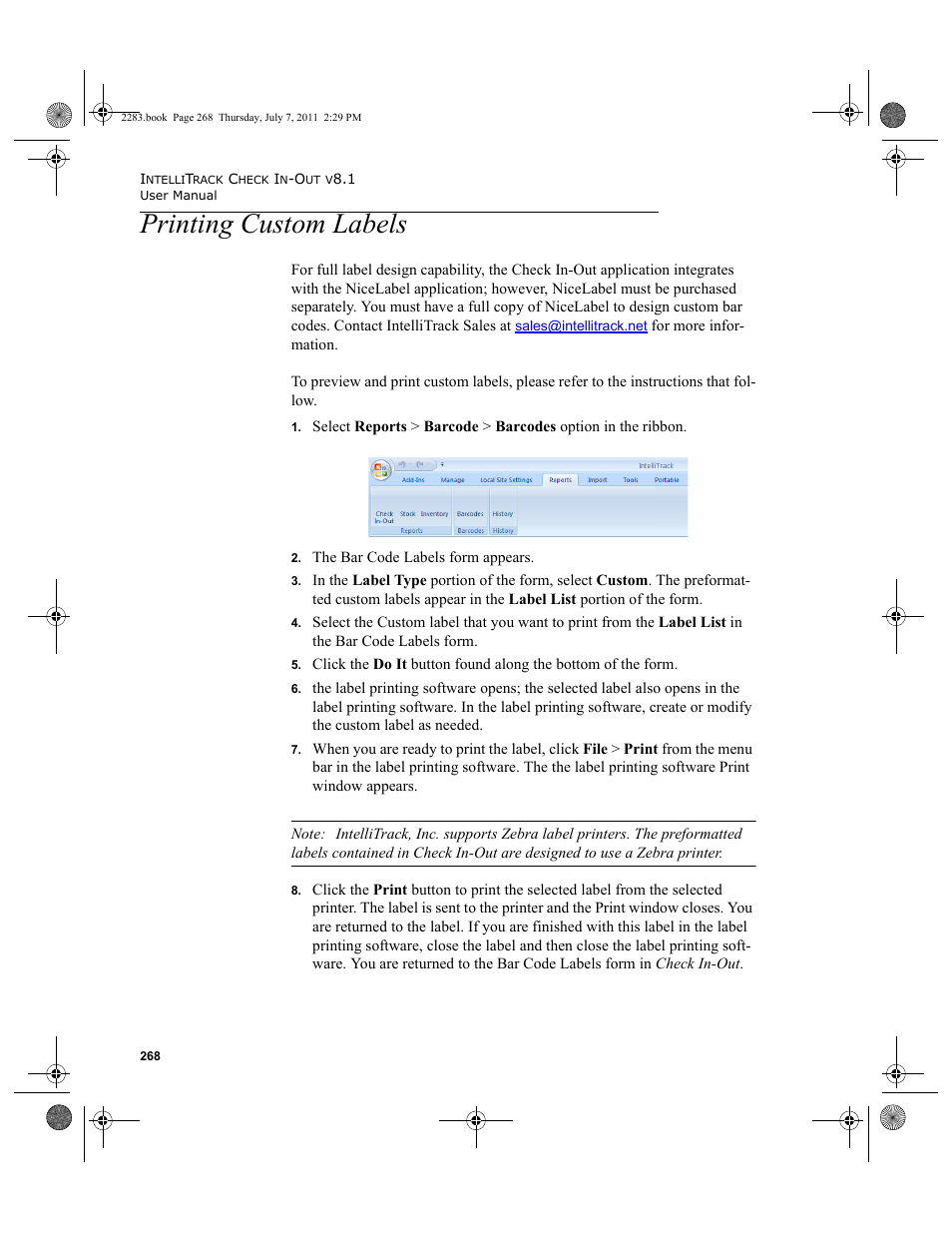 Printing custom labels | IntelliTrack Check In/Out User Manual | Page 298 / 564