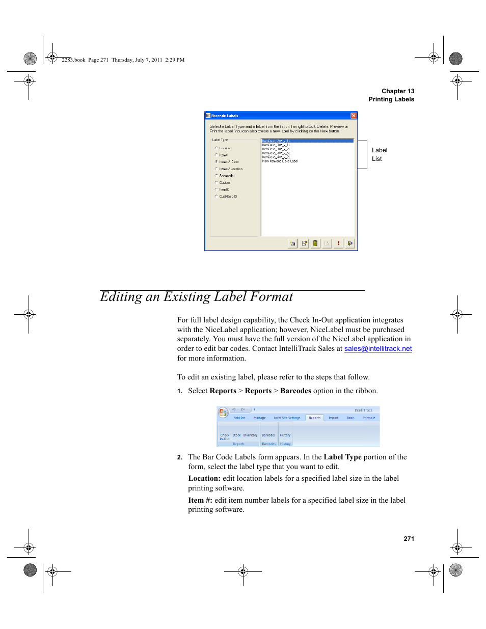 Editing an existing label format | IntelliTrack Check In/Out User Manual | Page 301 / 564
