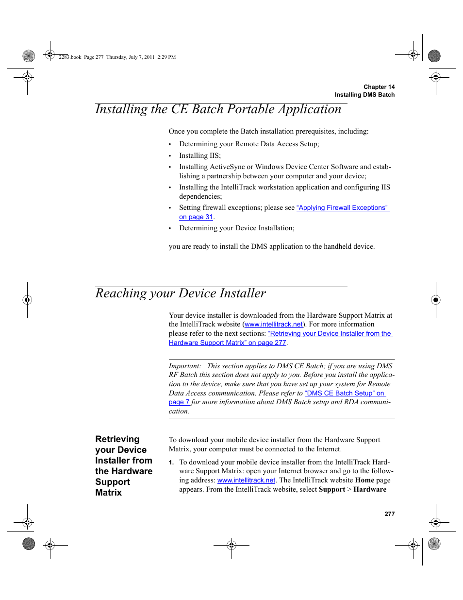 Installing the ce batch portable application, Reaching your device installer, Retrieving your device installer from the hardware | Support matrix | IntelliTrack Check In/Out User Manual | Page 307 / 564