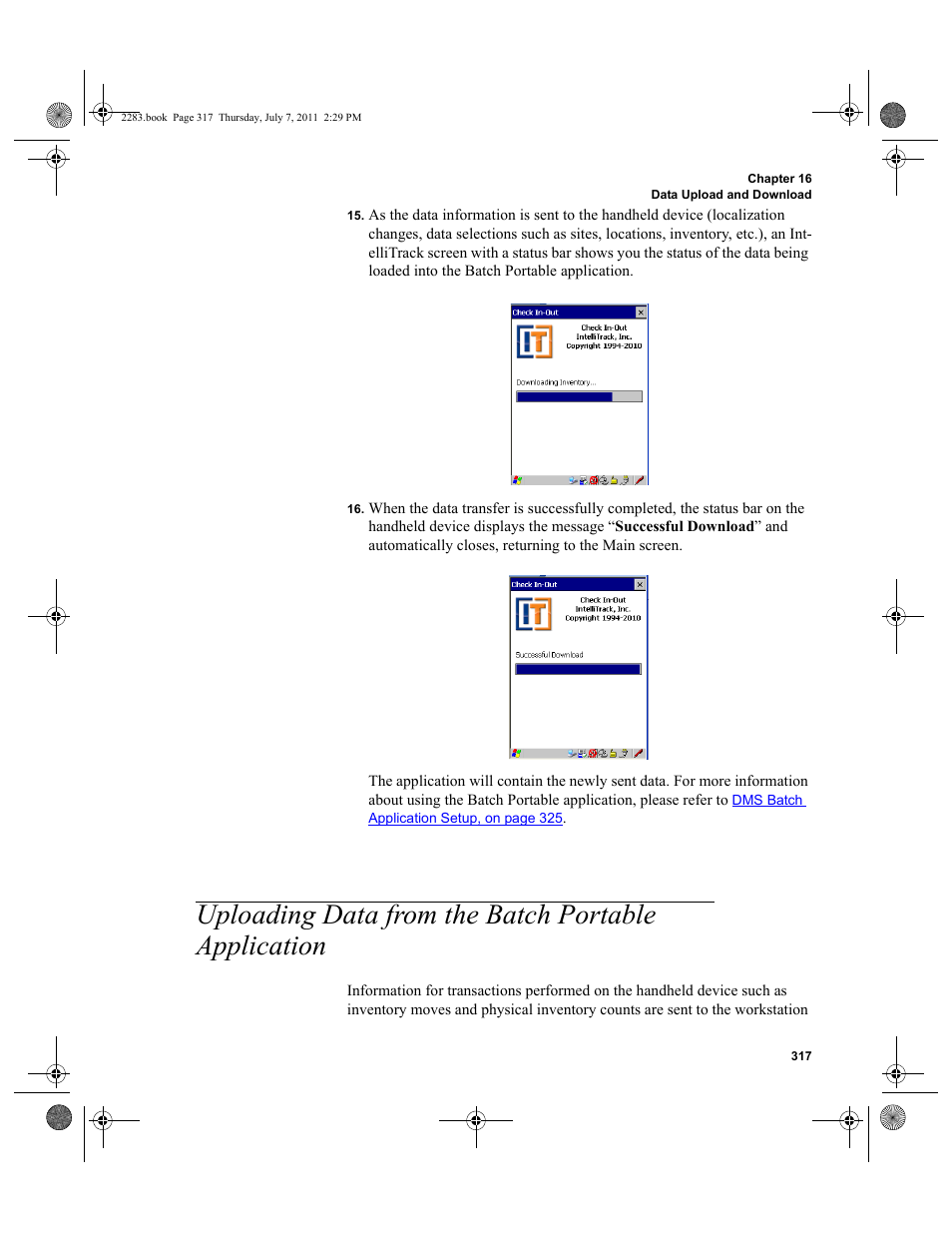 Uploading data from the batch portable application | IntelliTrack Check In/Out User Manual | Page 347 / 564