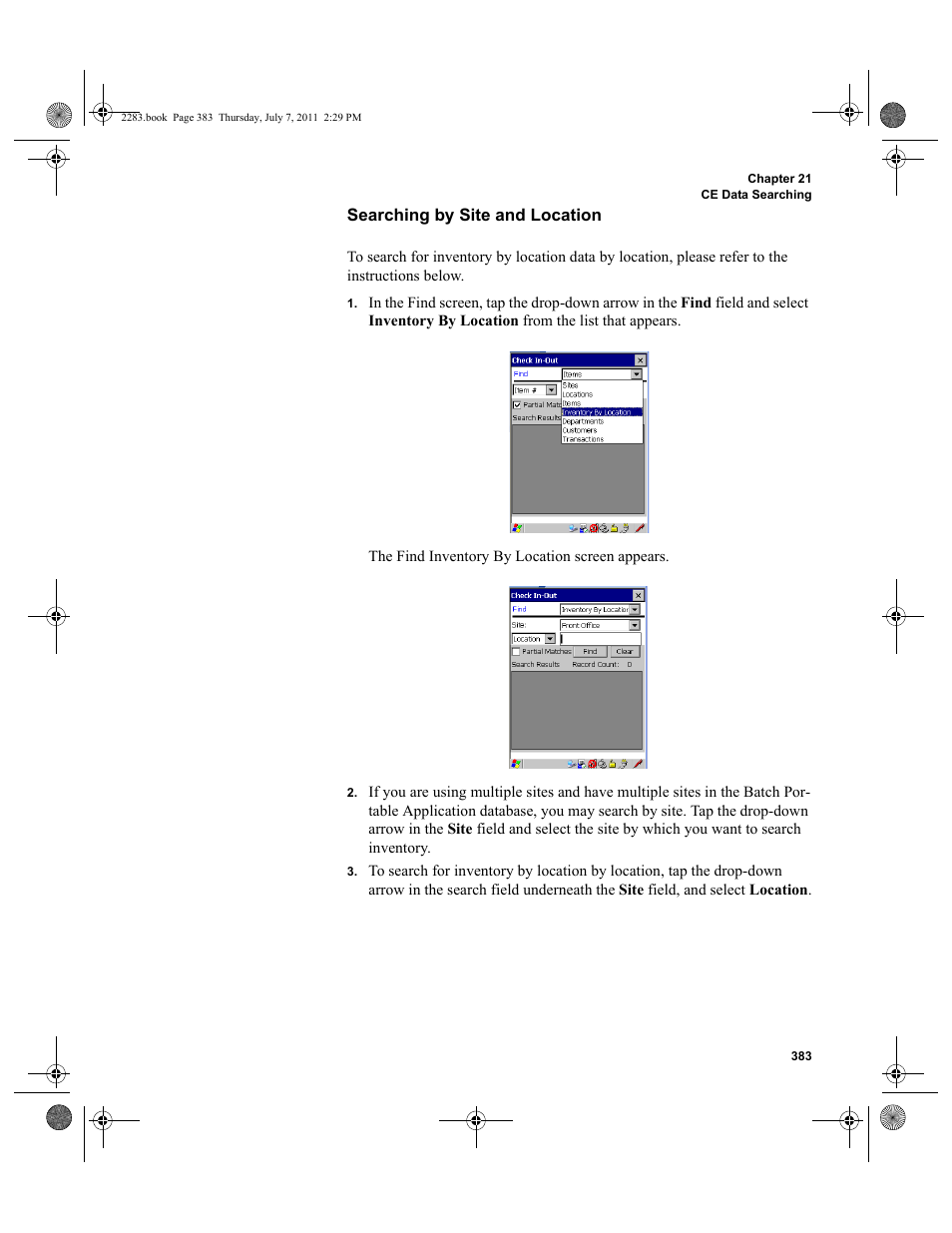Searching by site and location | IntelliTrack Check In/Out User Manual | Page 413 / 564